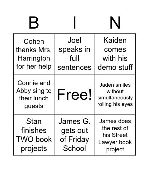 End of Semester Bingo Card