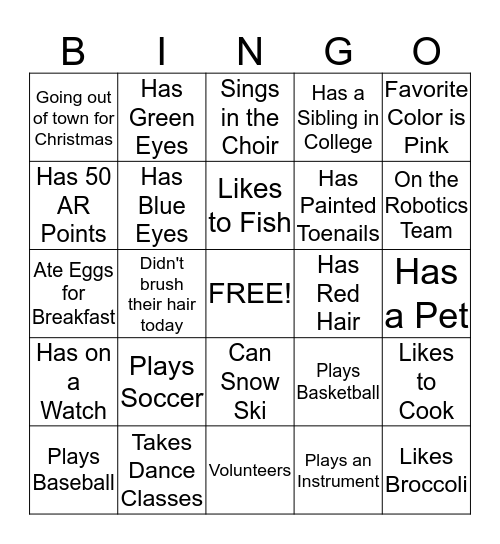 CHRISTMAS BREAK BINGO Card