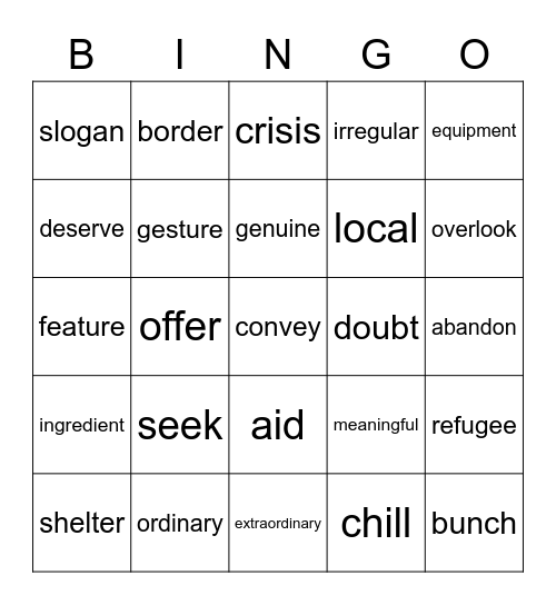 L8 vocabulary Bingo Card