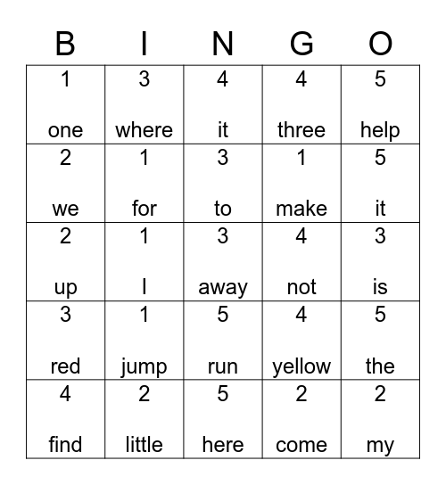 Four-In-A-Row Bingo Card