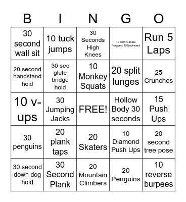 Holday Fitness Bingo Card