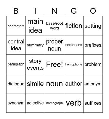 Language Arts Bingo Card