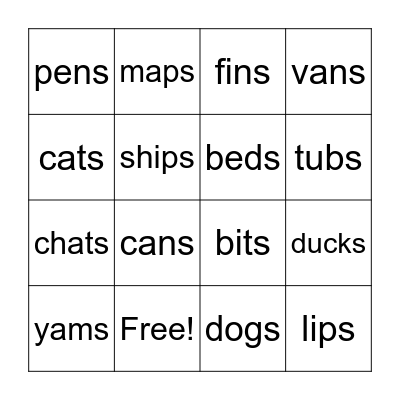 Suffix S Bingo Card