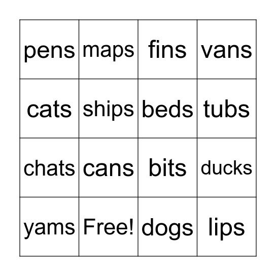 Suffix S Bingo Card