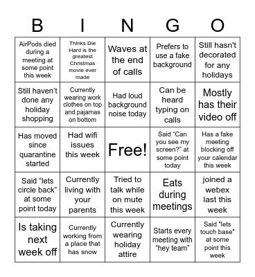 WFH Bingo Fun!! Bingo Card