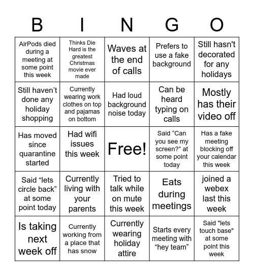 WFH Bingo Fun!! Bingo Card