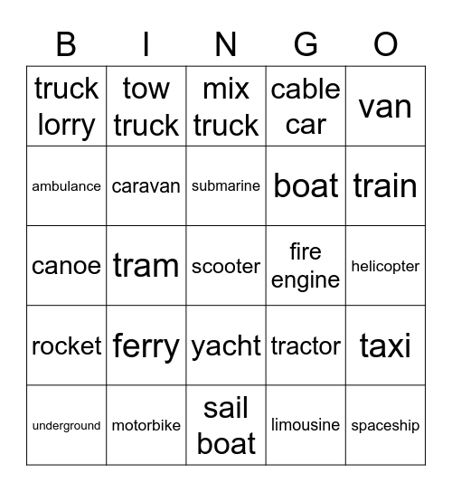 Transport Bingo Card