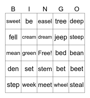 Long E and short E words Bingo Card