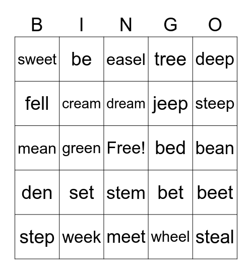 Long E and short E words Bingo Card