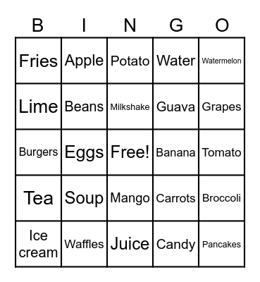 Food and Drink Bingo Card