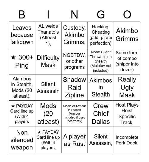 PAYDAY 2 Bingo Card