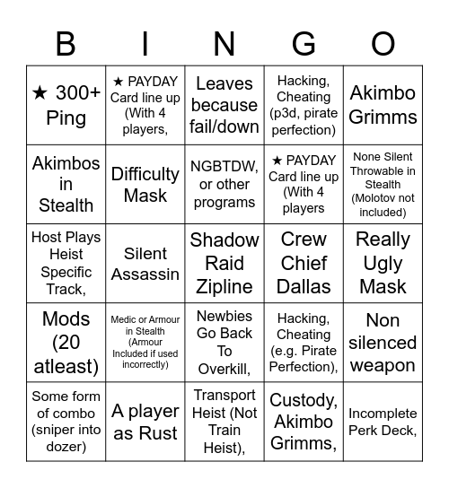 PAYDAY 2 Bingo Card