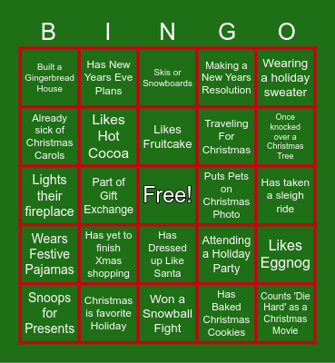 Holiday/Christmas Bingo Card