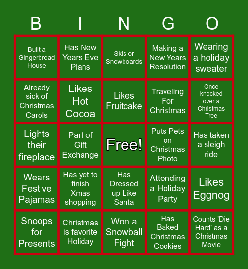 Holiday/Christmas Bingo Card