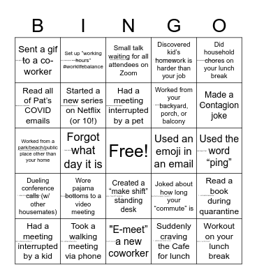 WFH Quarantine Style Bingo Card