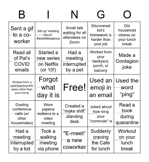 WFH Quarantine Style Bingo Card