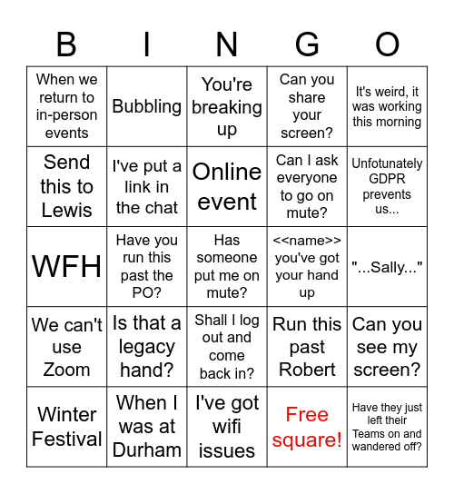 Development Christmas 'Party'  2020 Bingo Card