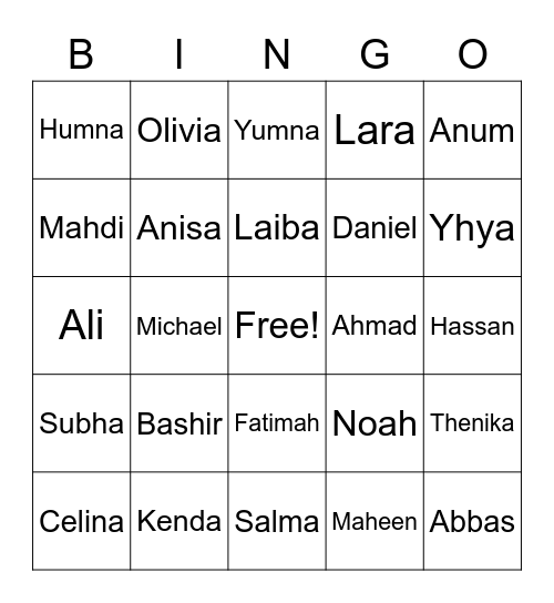 Students Bingo Card