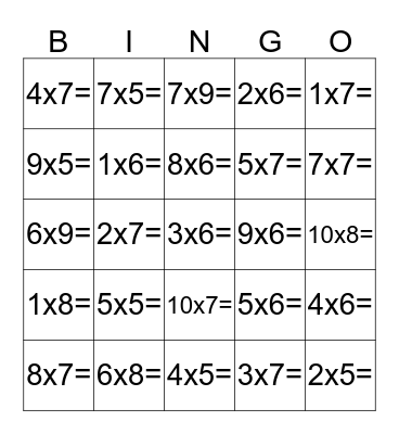 Multiplication 5-9 Bingo Card