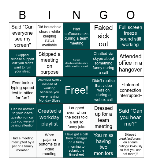 Remote Office Bingo Card