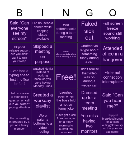 Remote Office Bingo!! Bingo Card