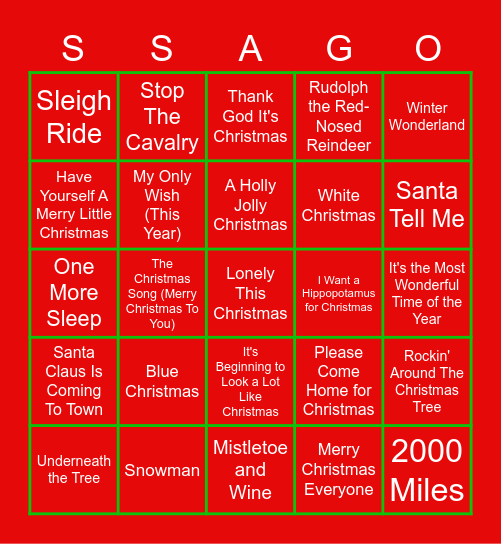 SSAGO Step Into Christmas Music Bingo Card