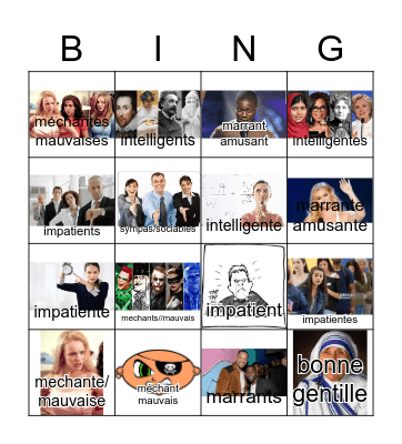 Adjectives French Bing Personality Bingo Card