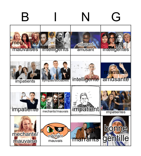 Adjectives French Bing Personality Bingo Card
