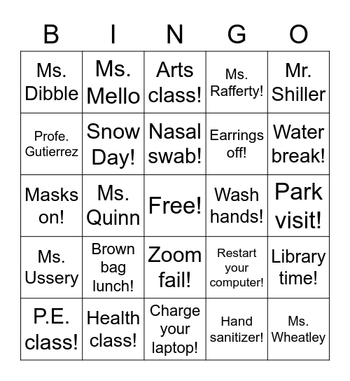 Class 5 2020 Bingo Card