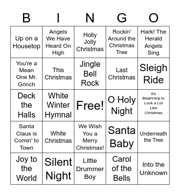 Holiday Song Bingo 2020 Bingo Card