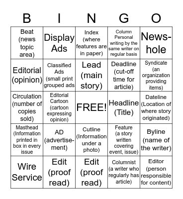 Newspaper Talk Bingo Card