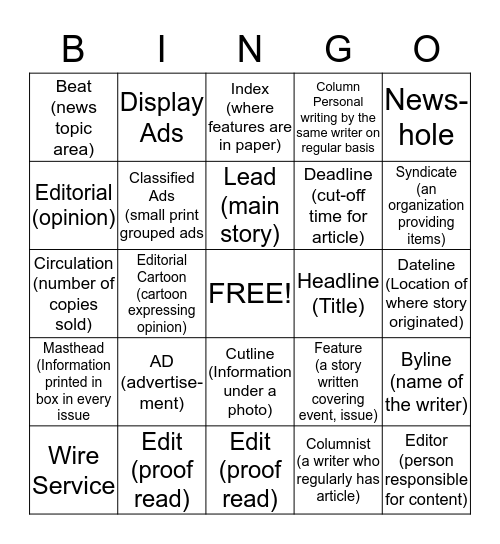 Newspaper Talk Bingo Card