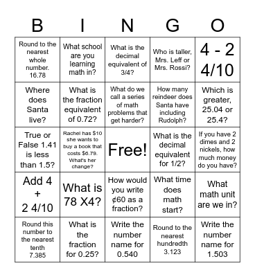 Math Winter Break Bingo Card