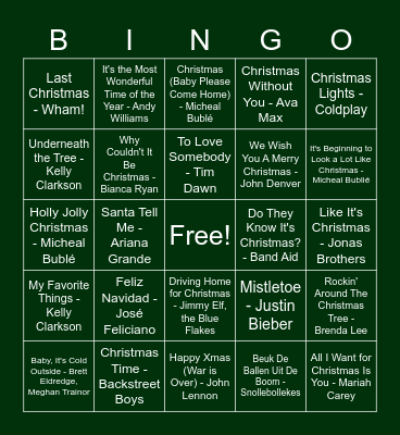 Foute Kerstmuziek Bingo Card