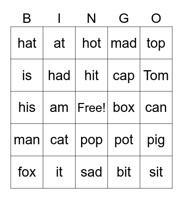 Short vowels Bingo (a,i,o) Bingo Card