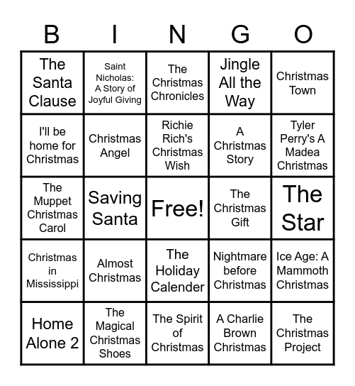 Christmas Movie Bingo Card