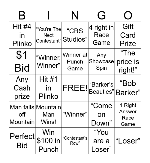 PRICE IS RIGHT BINGO Card