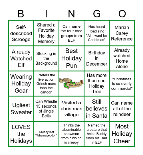 Holiday/Winter Funtime Bingo Card