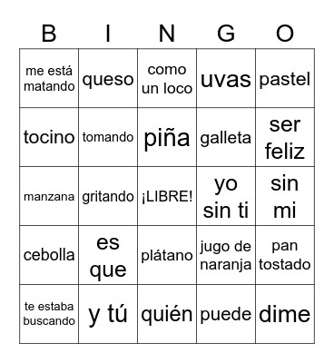 Food & Nicky Jam Bingo Card