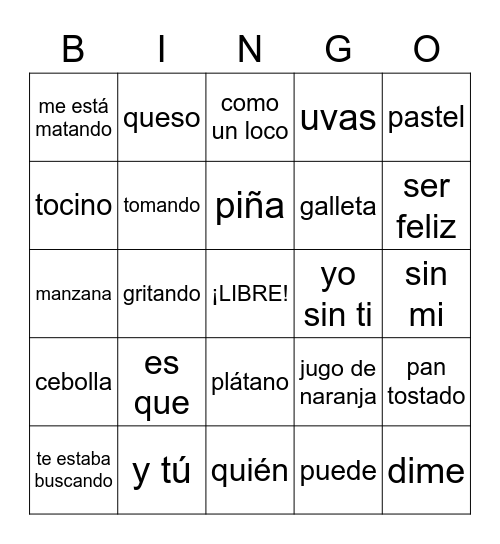 Food & Nicky Jam Bingo Card