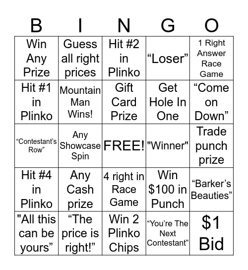 PRICE IS RIGHT BINGO Card