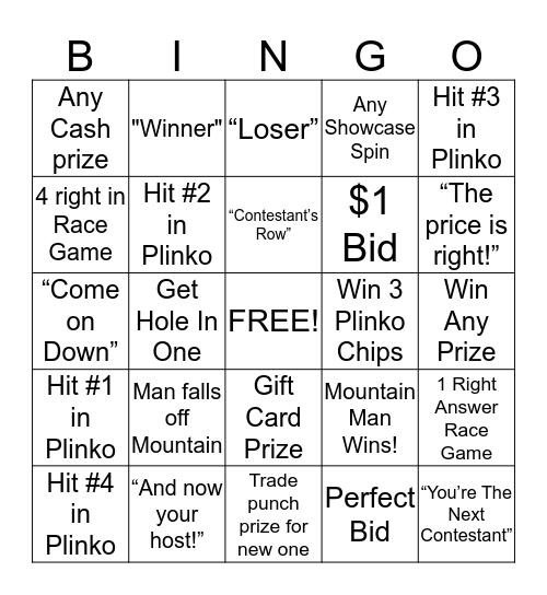 PRICE IS RIGHT BINGO Card