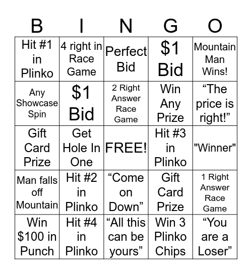 PRICE IS RIGHT BINGO Card