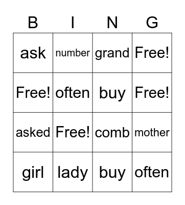 High Frequency Words Bingo Card