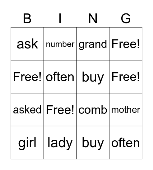 High Frequency Words Bingo Card