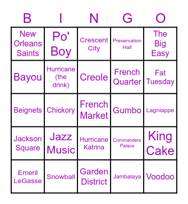 New Orleans Bingo Card