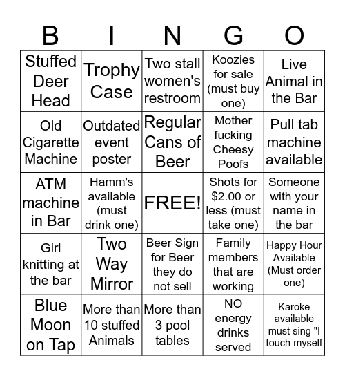 Small Town Bar Tour Bingo Card