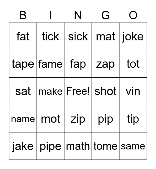 reading words Bingo Card