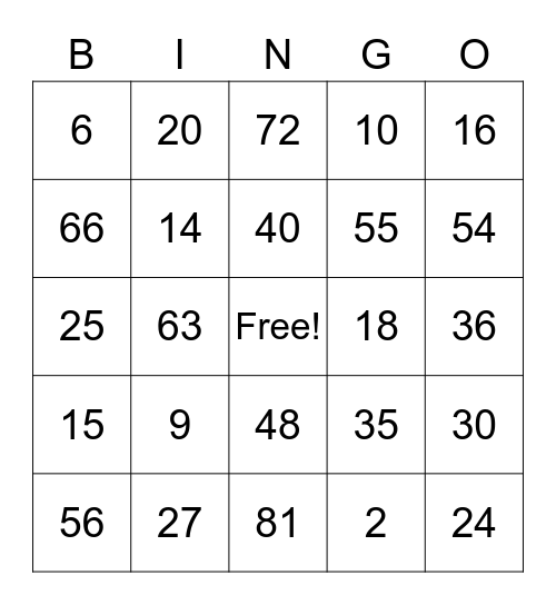 Math Facts Bingo Card