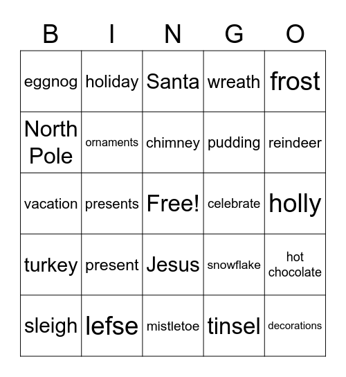 VM Christmas Bingo Card